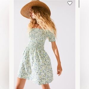 H&M Smocked Floral Off-Shoulder Dress S Small Midi Puff Sleeve Boho Prairie NWT